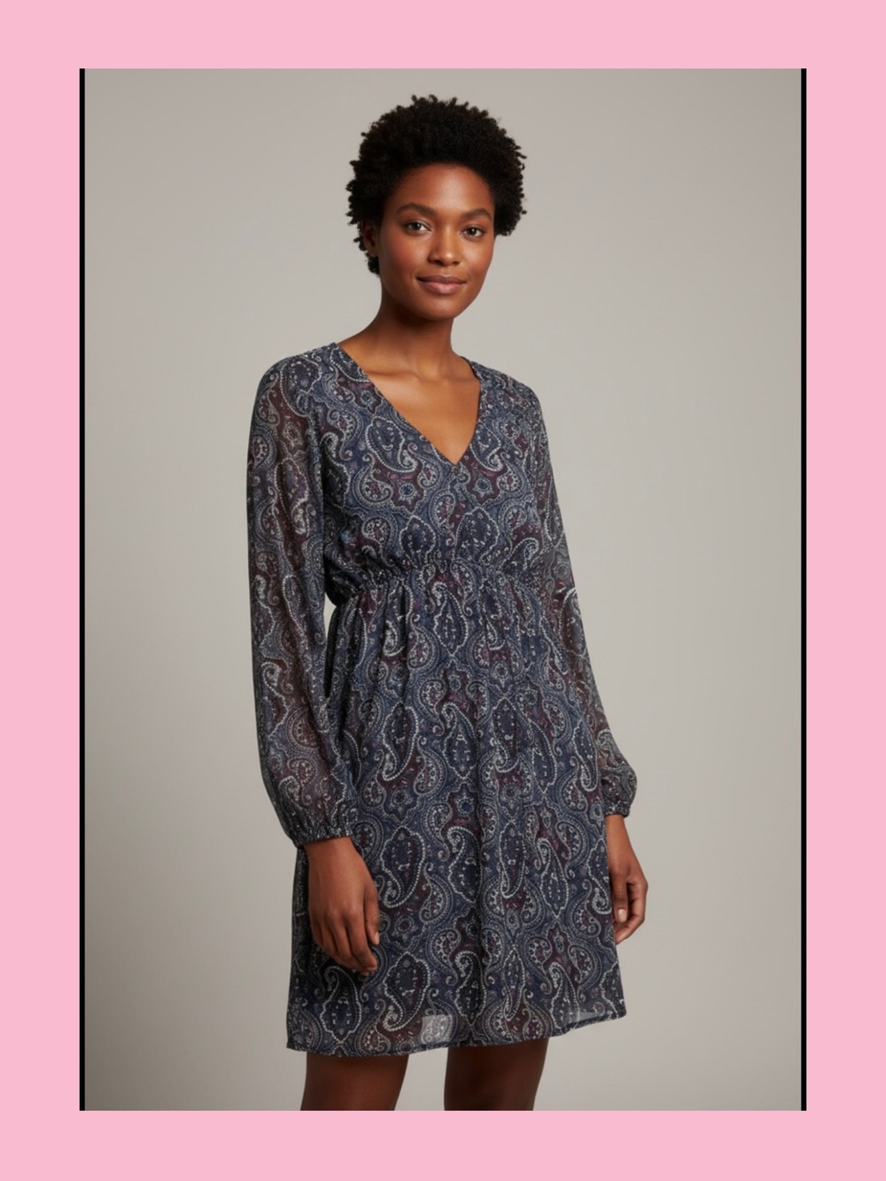 Xhilaration Navy Paisley V-Neck Long Sleeve Dress